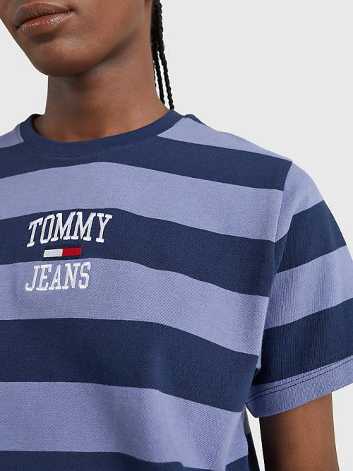 Tommy Hilfiger Organic Pamuklu Stripe Logo Tişört Kadın Mavi | TH031UKM