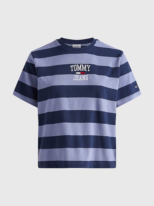 Tommy Hilfiger Organic Pamuklu Stripe Logo Tişört Kadın Mavi | TH031UKM