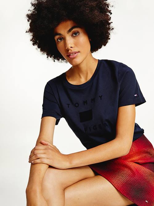 Tommy Hilfiger Organic Pamuklu Tonal Logo Tişört Kadın Mavi | TH732WDL