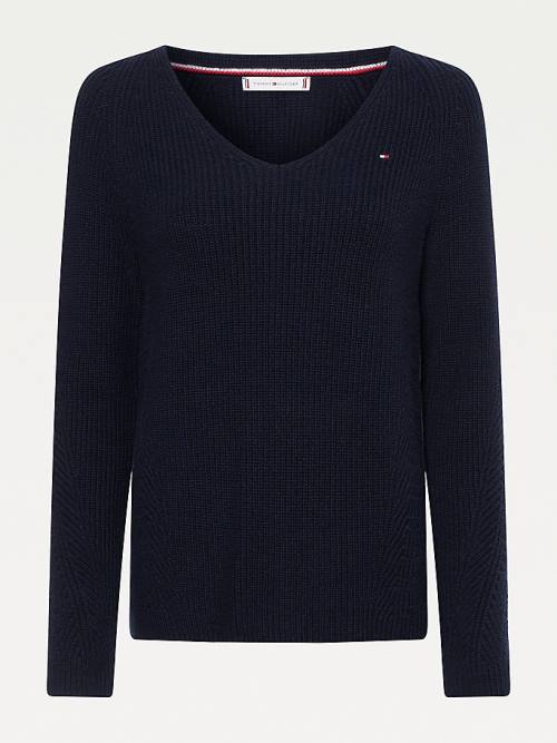 Tommy Hilfiger Organic Pamuklu V-Neck Jumper Kazak Kadın Mavi | TH384ALW