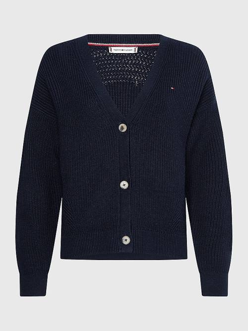 Tommy Hilfiger Organic Pamuklu V-Neck Relaxed Fit Cardigan Kazak Kadın Mavi | TH097NCT