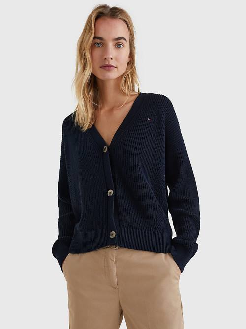 Tommy Hilfiger Organic Pamuklu V-Neck Relaxed Fit Cardigan Kazak Kadın Mavi | TH097NCT