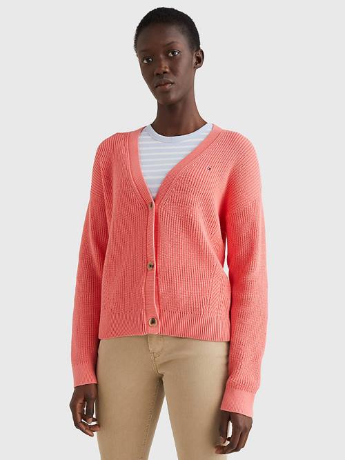 Tommy Hilfiger Organic Pamuklu V-Neck Relaxed Fit Cardigan Kazak Kadın Kırmızı | TH163VLR