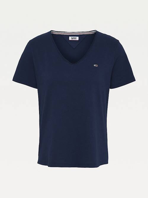 Tommy Hilfiger Organic Pamuklu V-Neck Slim Fit Tişört Kadın Mavi | TH319CIX