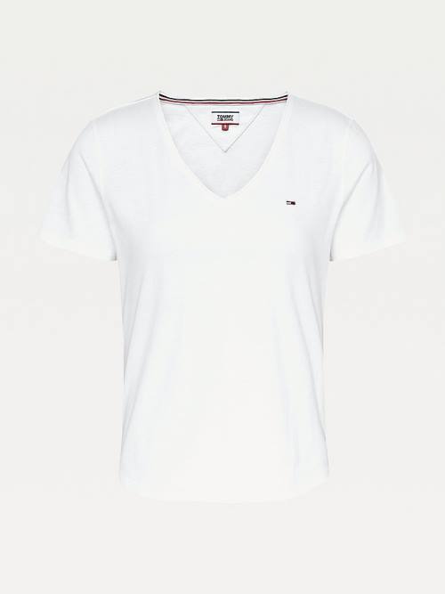 Tommy Hilfiger Organic Pamuklu V-Neck Slim Fit Tişört Kadın Beyaz | TH642NEP