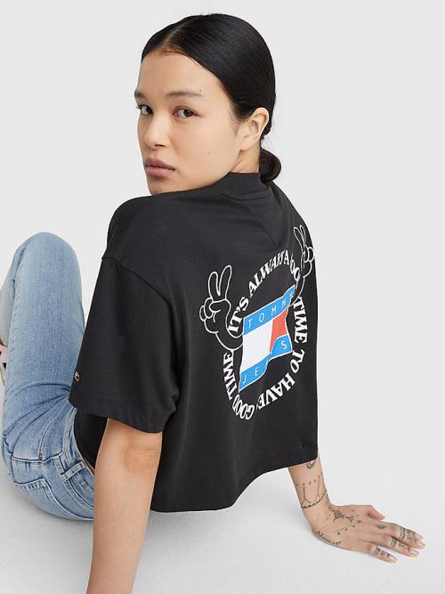 Tommy Hilfiger Oversized Cropped Slogan Tişört Kadın Siyah | TH769ZXB