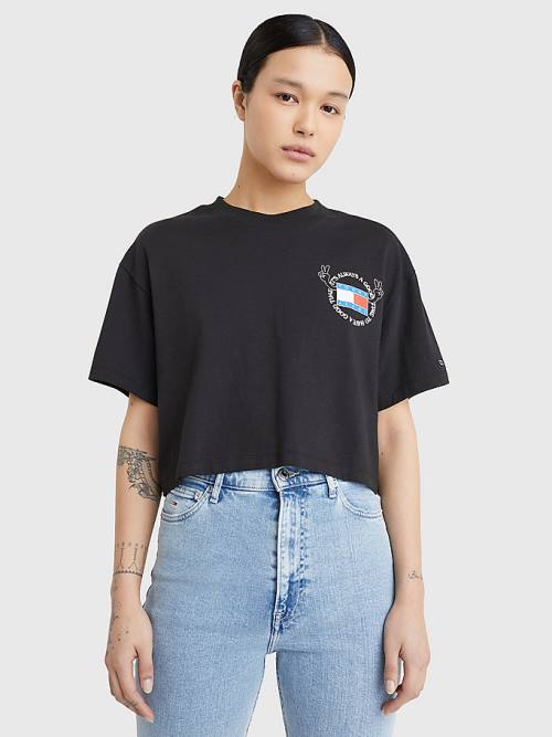 Tommy Hilfiger Oversized Cropped Slogan Tişört Kadın Siyah | TH769ZXB