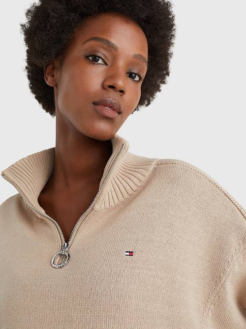 Tommy Hilfiger Oversized Half-Zip High Neck Jumper Kazak Kadın Bej Rengi | TH302HEJ