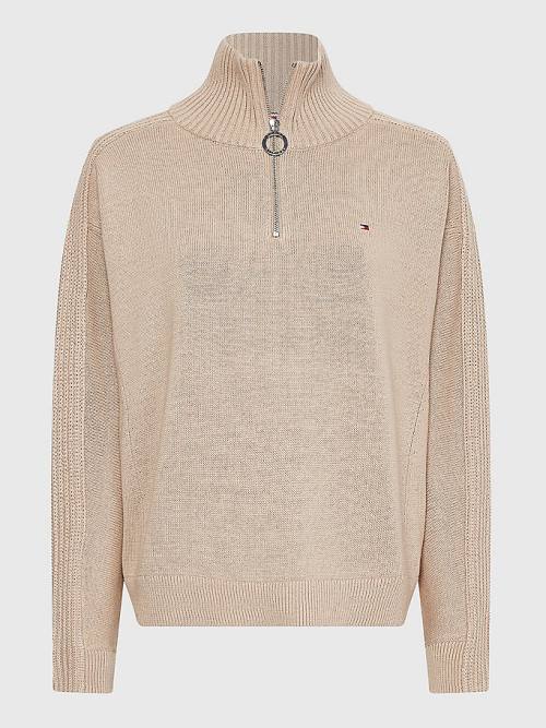 Tommy Hilfiger Oversized Half-Zip High Neck Jumper Kazak Kadın Bej Rengi | TH302HEJ