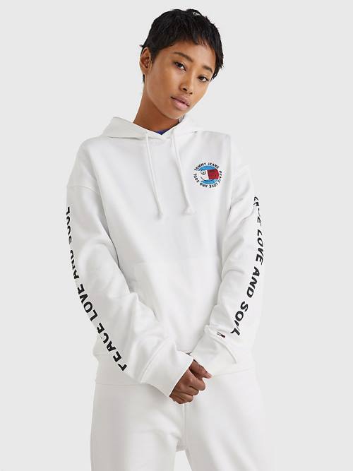 Tommy Hilfiger Oversized Peace Logo Kapüşonlu Sweatshirt Kadın Beyaz | TH091VSY