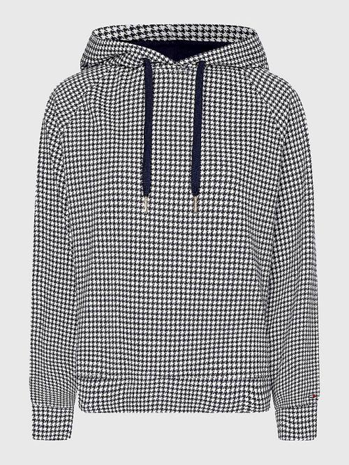 Tommy Hilfiger Pamuklu Houndstooth Jacquard Regular Fit Kapüşonlu Sweatshirt Kadın Mavi | TH049TJX