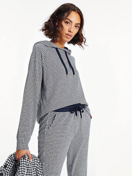 Tommy Hilfiger Pamuklu Houndstooth Jacquard Regular Fit Kapüşonlu Sweatshirt Kadın Mavi | TH049TJX