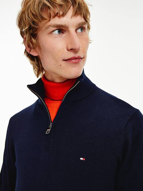 Tommy Hilfiger Pima Pamuklu Cashmere Half Zip Jumper Kazak Erkek Mavi | TH012NIL