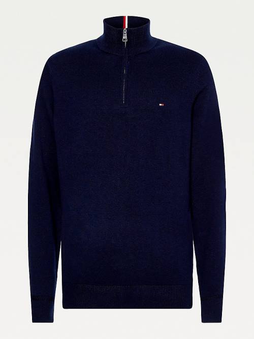 Tommy Hilfiger Pima Pamuklu Cashmere Half Zip Jumper Kazak Erkek Mavi | TH012NIL