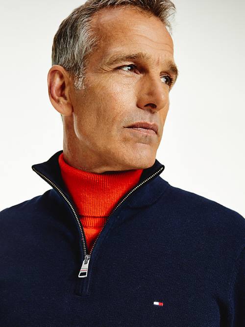 Tommy Hilfiger Pima Pamuklu Cashmere Half Zip Jumper Kazak Erkek Mavi | TH012NIL