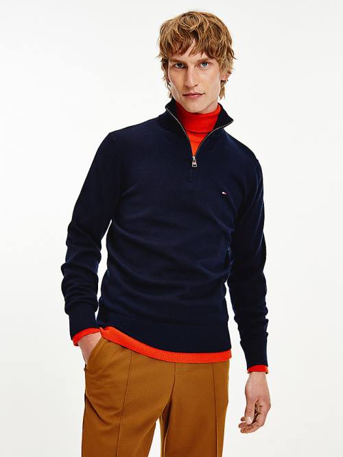 Tommy Hilfiger Pima Pamuklu Cashmere Half Zip Jumper Kazak Erkek Mavi | TH012NIL