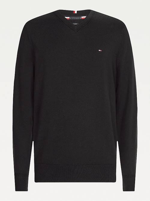 Tommy Hilfiger Pima Pamuklu Cashmere V-Neck Jumper Kazak Erkek Siyah | TH071YNQ