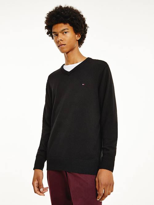 Tommy Hilfiger Pima Pamuklu Cashmere V-Neck Jumper Kazak Erkek Siyah | TH071YNQ