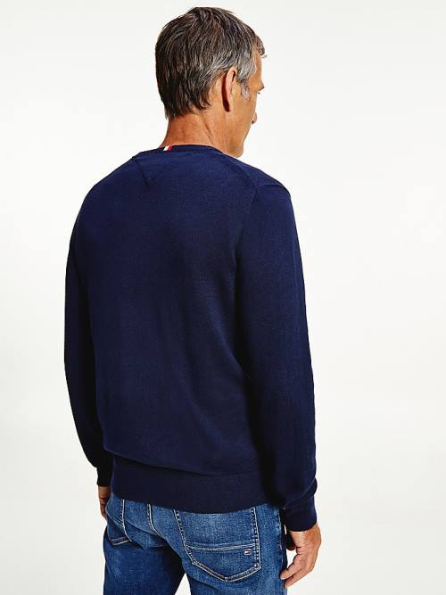 Tommy Hilfiger Pima Pamuklu Cashmere V-Neck Jumper Kazak Erkek Mavi | TH237ESB