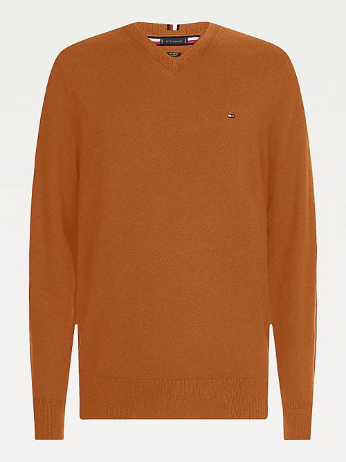 Tommy Hilfiger Pima Pamuklu Cashmere V-Neck Jumper Kazak Erkek Kahverengi | TH519OTV