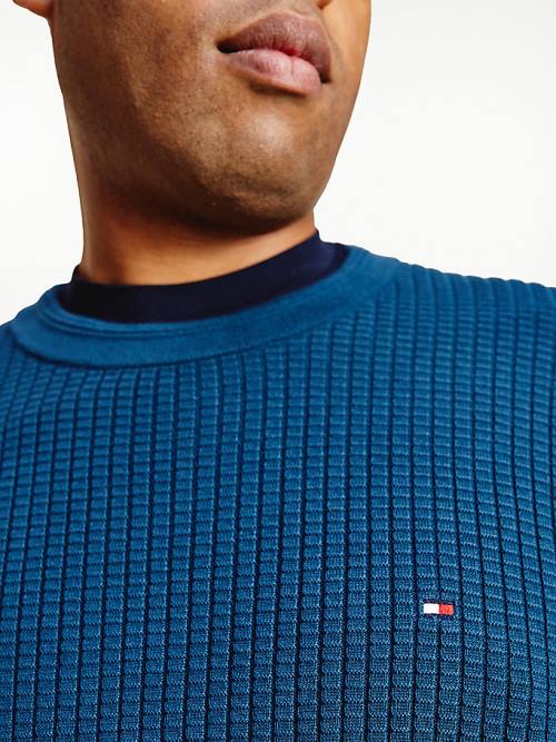 Tommy Hilfiger Plus Knitted Grid Check Crew Neck Jumper Kazak Erkek Mavi | TH938PNW