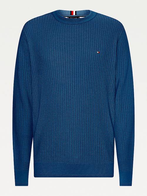 Tommy Hilfiger Plus Knitted Grid Check Crew Neck Jumper Kazak Erkek Mavi | TH938PNW