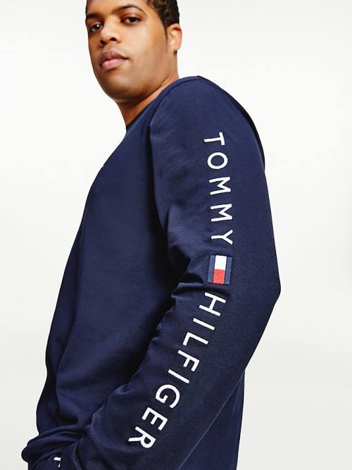 Tommy Hilfiger Plus Organic Jersey Logo Long Sleeve Tişört Erkek Mavi | TH830GRF