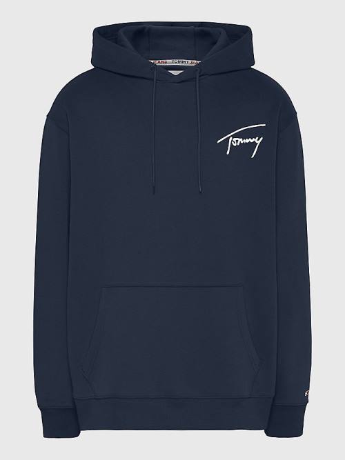 Tommy Hilfiger Plus Signature Logo Relaxed Fit Kapüşonlu Sweatshirt Erkek Mavi | TH496IFP