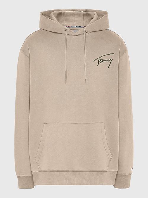 Tommy Hilfiger Plus Signature Logo Relaxed Fit Kapüşonlu Sweatshirt Erkek Bej Rengi | TH641TMO