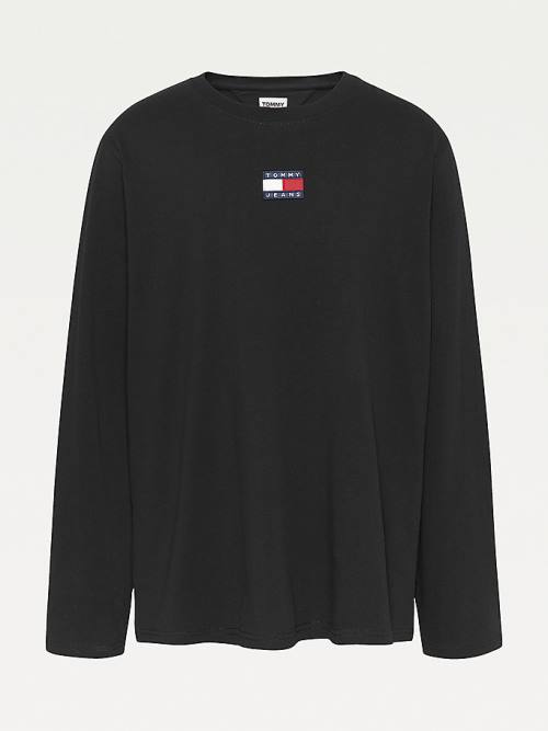 Tommy Hilfiger Plus Tommy Badge Long Sleeve Tişört Erkek Siyah | TH586GEK