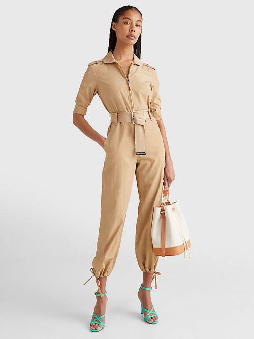 Tommy Hilfiger Prep Belted Jumpsuit Elbise Kadın Bej Rengi | TH193JCD