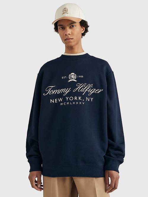 Tommy Hilfiger Prep Crest Organic Pamuklu Sweatshirt Erkek Mavi | TH162SQF