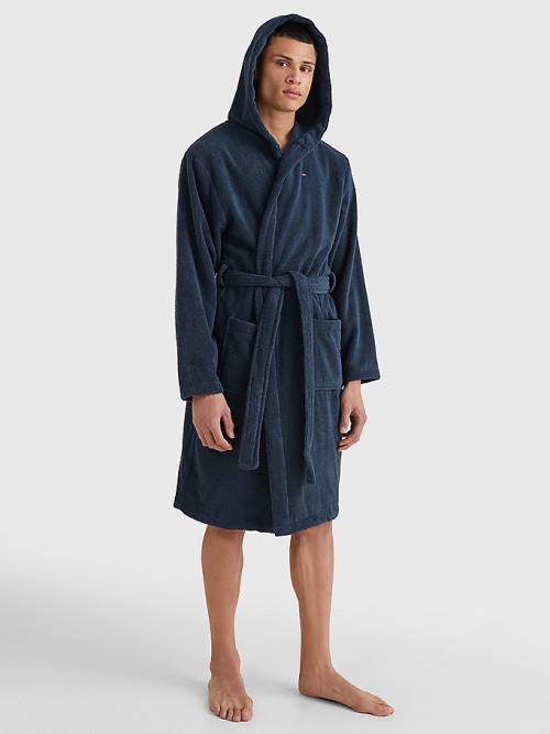 Tommy Hilfiger Pure Pamuklu Kukuletalı Bathrobe Pijama Erkek Mavi | TH851OKH