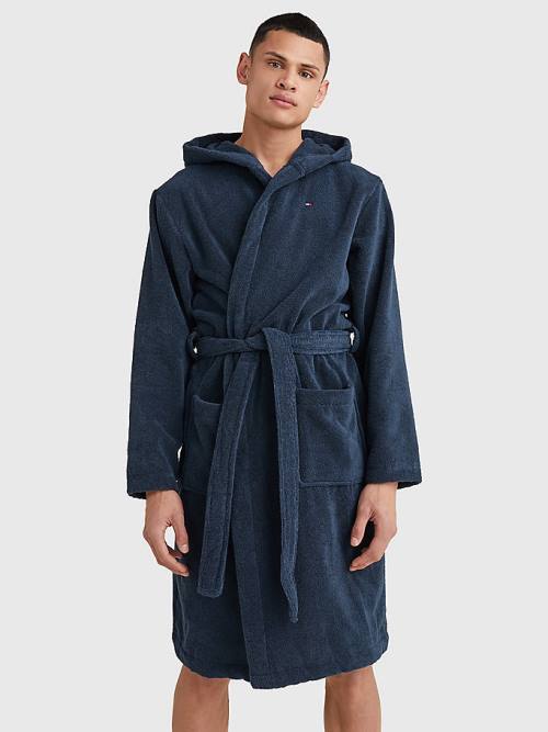 Tommy Hilfiger Pure Pamuklu Kukuletalı Bathrobe Pijama Erkek Mavi | TH851OKH