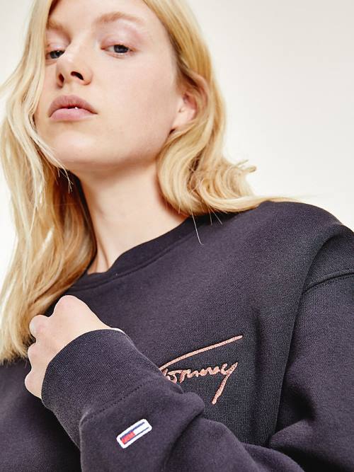 Tommy Hilfiger Recycled Signature Logo Cropped Sweatshirt Kadın Siyah | TH064BYU