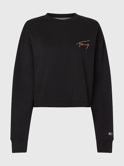 Tommy Hilfiger Recycled Signature Logo Cropped Sweatshirt Kadın Siyah | TH064BYU