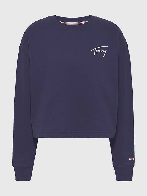 Tommy Hilfiger Recycled Signature Logo Cropped Sweatshirt Kadın Mavi | TH604PIE