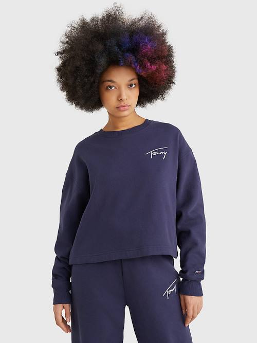 Tommy Hilfiger Recycled Signature Logo Cropped Sweatshirt Kadın Mavi | TH604PIE