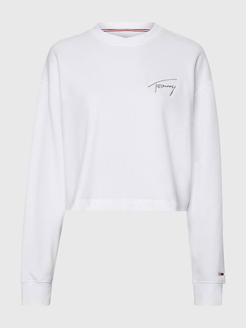 Tommy Hilfiger Recycled Signature Logo Cropped Sweatshirt Kadın Beyaz | TH630HUJ