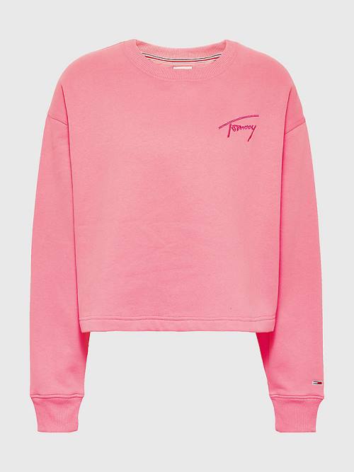 Tommy Hilfiger Recycled Signature Logo Cropped Sweatshirt Kadın Pembe | TH804WQO