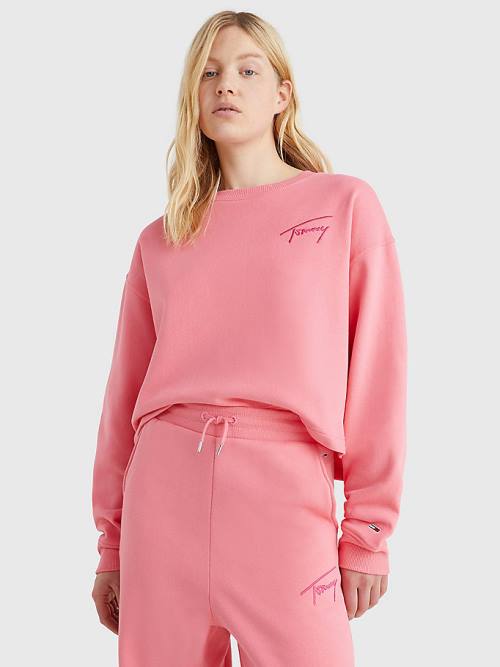 Tommy Hilfiger Recycled Signature Logo Cropped Sweatshirt Kadın Pembe | TH804WQO