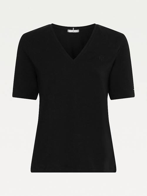 Tommy Hilfiger Relaxed Fit V-Neck Monogram Tişört Kadın Siyah | TH634WIT