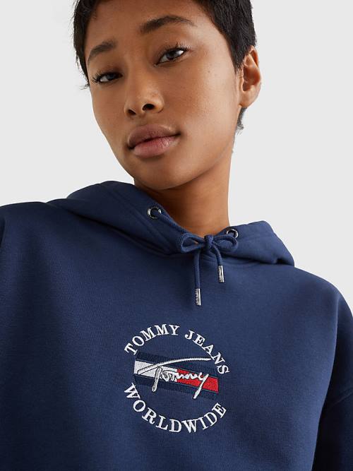 Tommy Hilfiger Relaxed Timeless Signature Logo Kapüşonlu Sweatshirt Kadın Mavi | TH763HEK