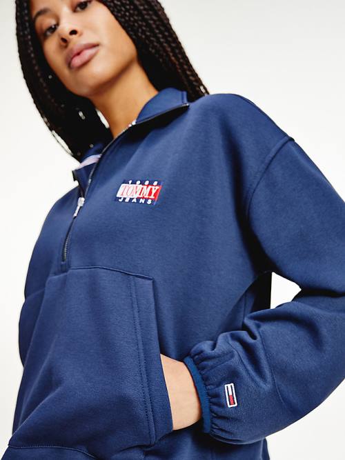 Tommy Hilfiger Relaxed Timeless Tommy Logo Half-Zip Sweatshirt Kapüşonlu Sweatshirt Kadın Mavi | TH063QWH