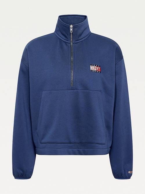 Tommy Hilfiger Relaxed Timeless Tommy Logo Half-Zip Sweatshirt Kapüşonlu Sweatshirt Kadın Mavi | TH063QWH