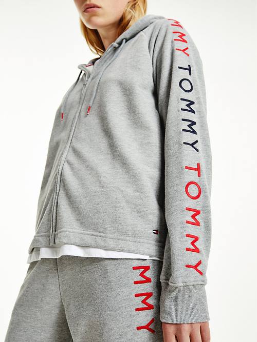 Tommy Hilfiger Repeat Logo Zip-Thru Kapüşonlu Sweatshirt Kadın Gri | TH452WGA