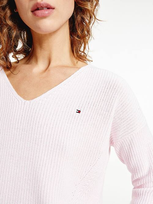 Tommy Hilfiger Rib-Knit Organic Pamuklu Relaxed Fit Jumper Kazak Kadın Pembe | TH341RVN