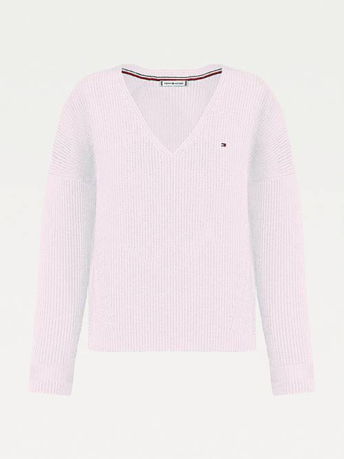 Tommy Hilfiger Rib-Knit Organic Pamuklu Relaxed Fit Jumper Kazak Kadın Pembe | TH341RVN