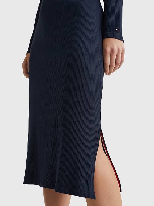 Tommy Hilfiger Rib Square Neck Slim Midi Elbise Kadın Mavi | TH918EDX