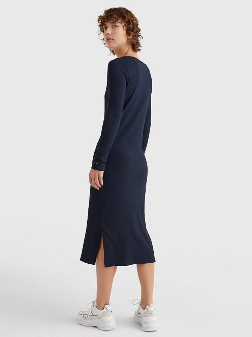 Tommy Hilfiger Rib Square Neck Slim Midi Elbise Kadın Mavi | TH918EDX